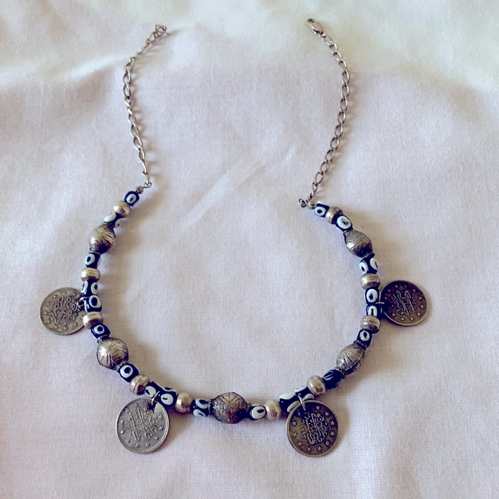 Necklace with evil eye beads and ottoman coins